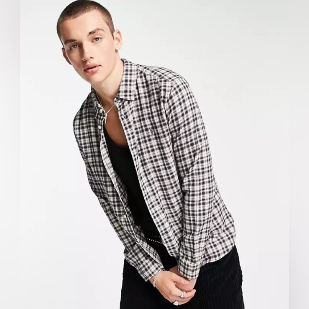 All Saints Men’s Lexington Long-Sleeve Button Down Shirt Ecru/Black Plaid XL